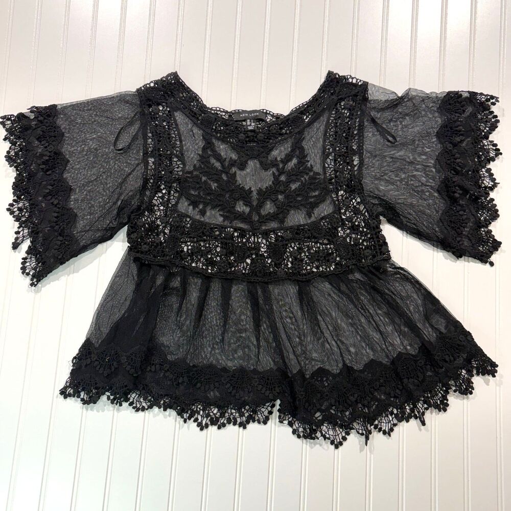 Black Sheer Lace Peplum Top Blouse Mesh Crochet Flutter Sleeve New Look USA L